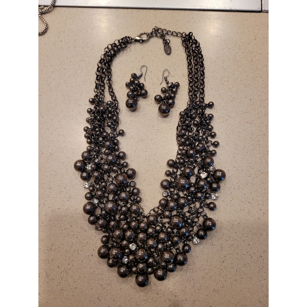 Paparazzi Gunmetal Bib‎ Statement Necklace/Earring Set Metallic Bead Rhinestone